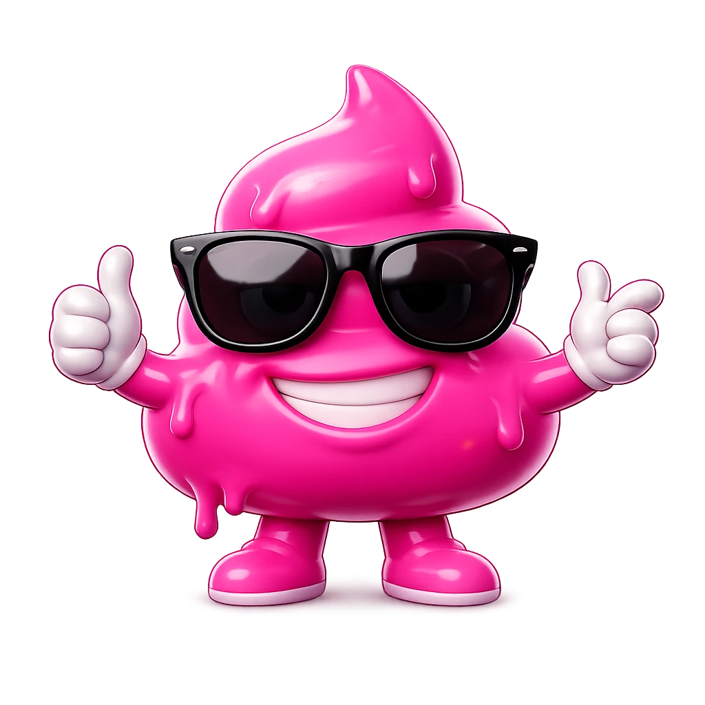 Pink glossy mascot wearing black sunglasses and giving two thumbs up