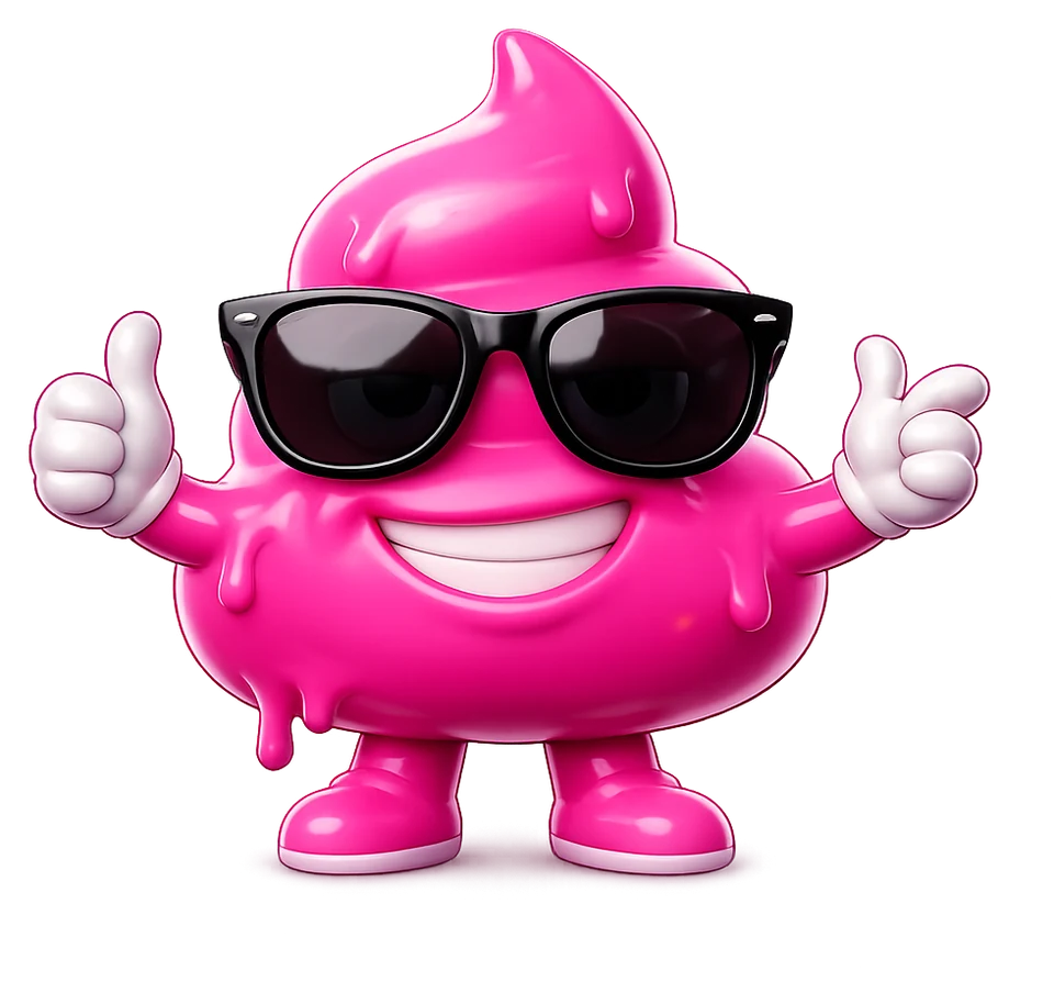 PinkShit mascot wearing sunglasses and giving two thumbs up